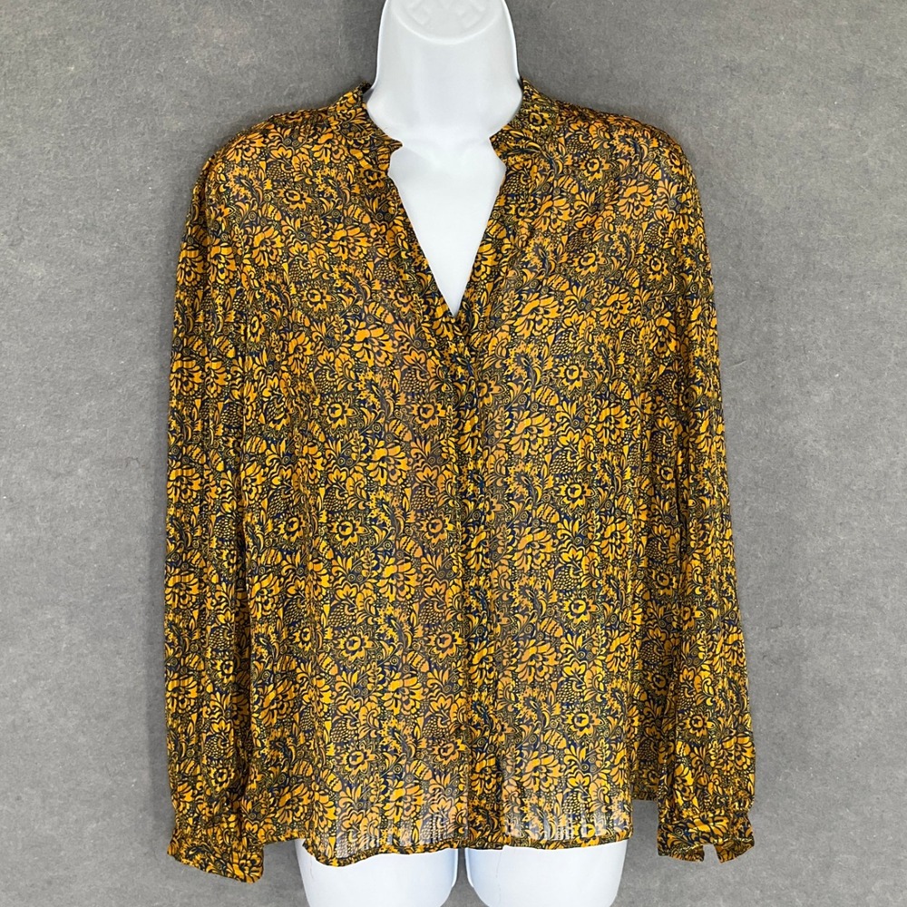 Melloday Top Womens Sz S Yellow Floral Pleated V-Neck Gold Metallic Thread Boho
